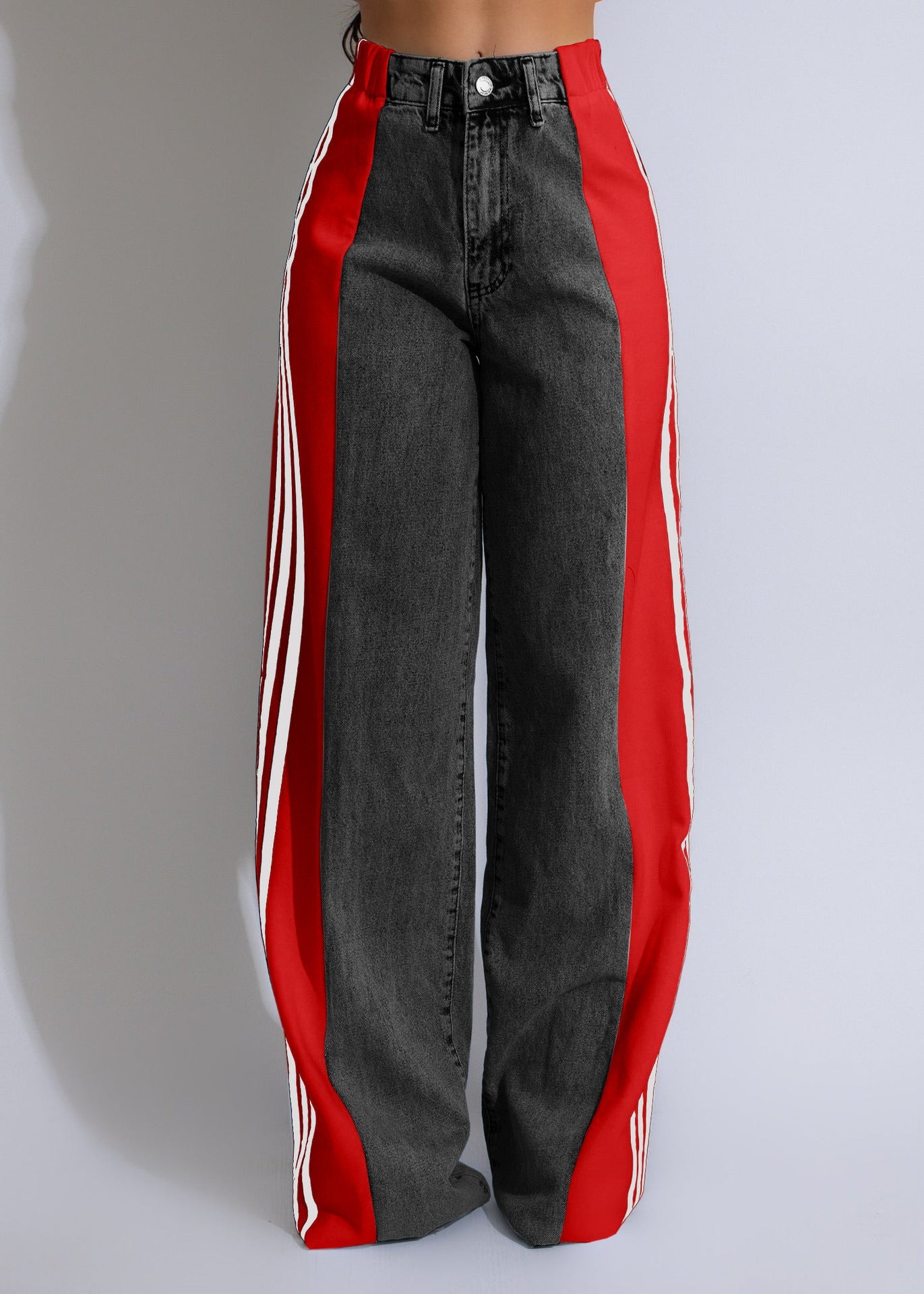2024 Fashion Casual High Waist Elastic Straight Leg Trousers Three Stripe Patchwork Denim Wide Leg Pants Streetwear BAZONA