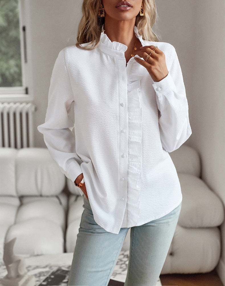 Striped Long Sleeve Shirt Fashion Ruffle Design Button Up Tops Casual Office Blouse Elegant Commuting Women's Clothing BAZONA