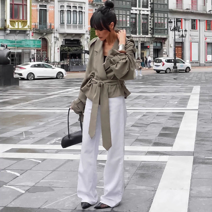 Women's Large Lapel Lace-up Trench Coat Fashionable Jacket BAZONA