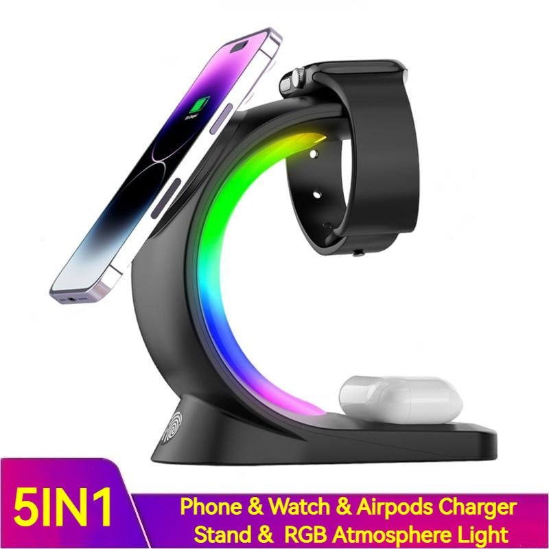 4 In 1 Magnetic Wireless Charger Fast Charging For Smart Phone Atmosphere Light Charging Station For Airpods Pro I-phone Watch BAZONA