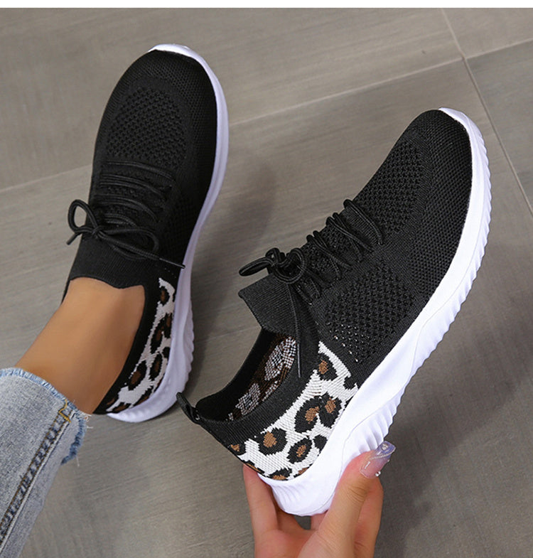 White Shoes Women Leopard Print Lace-up Sneakers Sports - bazona.com