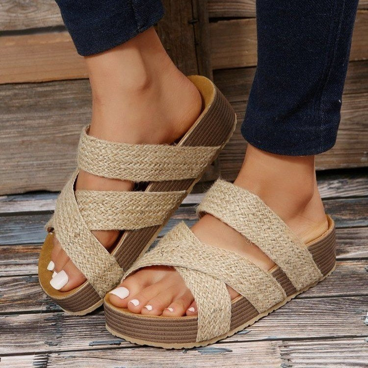 Woven Cross-strap Slippers Summer Platform Sandals Women Flat Beach Shoes BAZONA