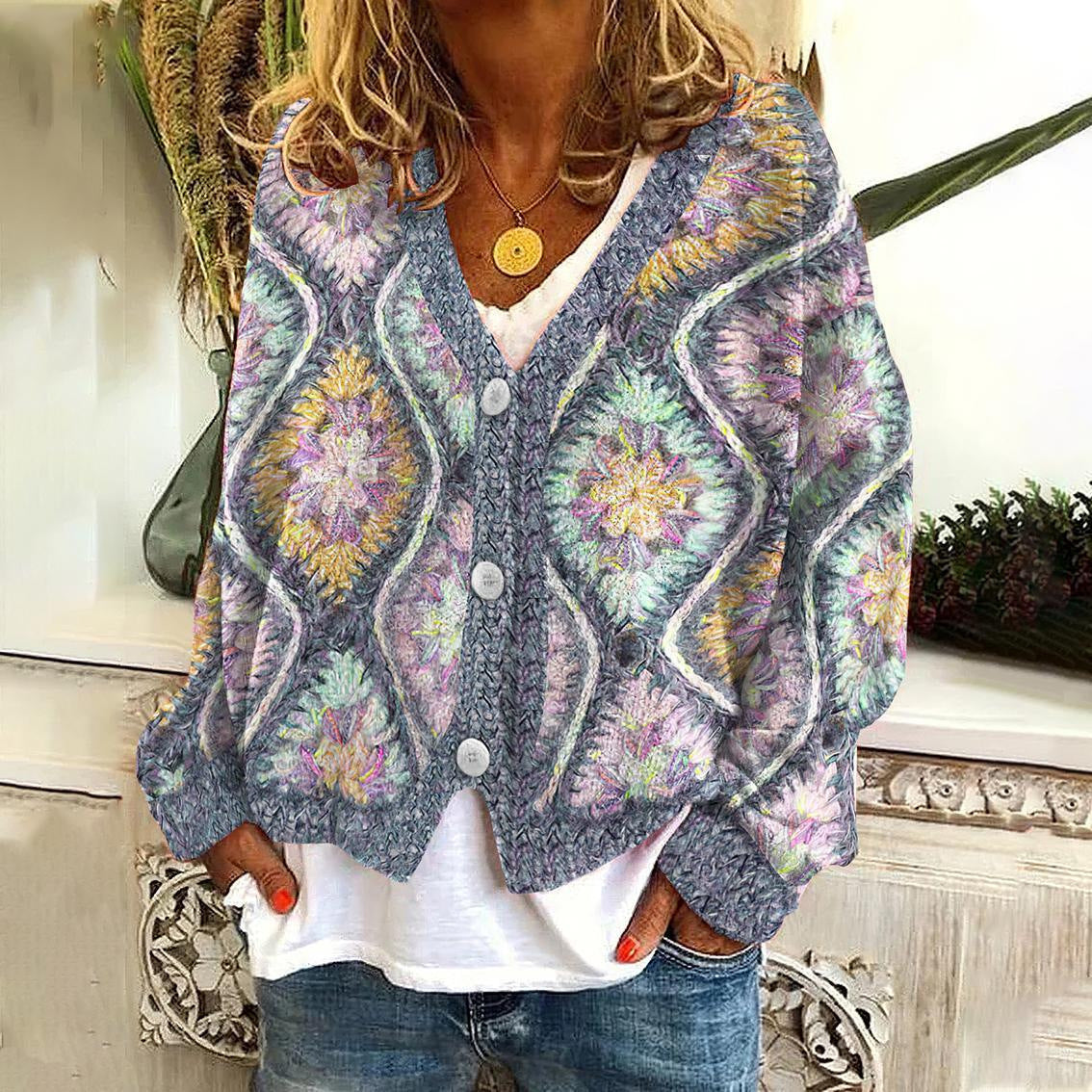 New Christmas Abstract Flowers Printing Sweater Fashion Casual Short Cardigan Coat Womens Clothing BAZONA