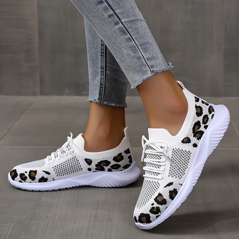 White Shoes Women Leopard Print Lace-up Sneakers Sports - bazona.com