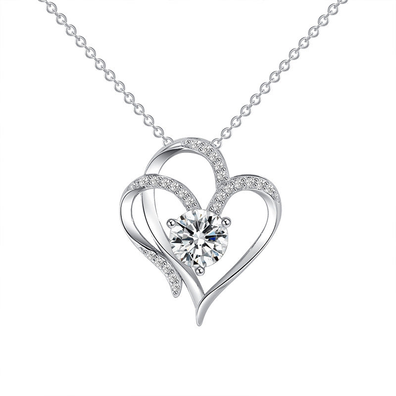 Zircon Double Love Necklace With Rhinestones Ins Personalized Heart-shaped Necklace Clavicle Chain Jewelry For Women Valentine's Day BAZONA