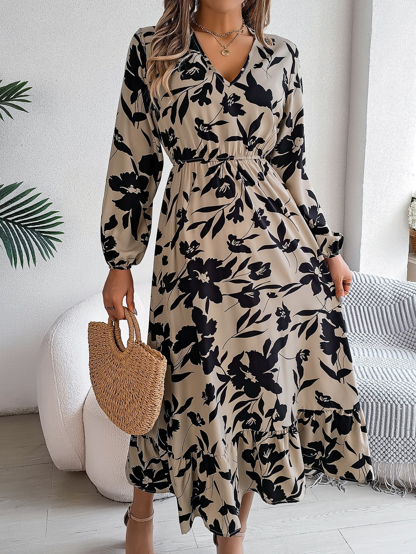 Leisure Flower Waist-controlled Long Sleeves Ruffled Dress BAZONA