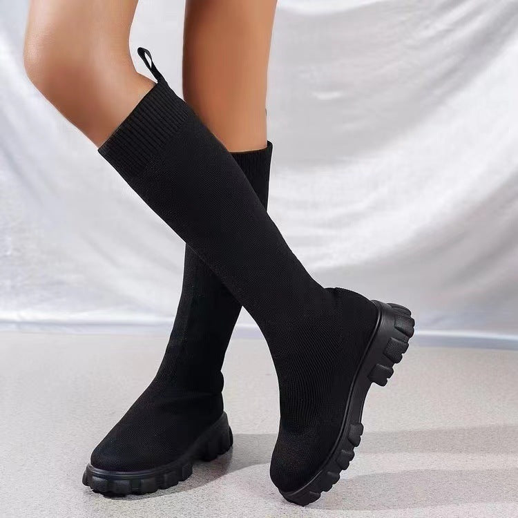 Fashion Knitted Boots Women's Flyweaving Breathable Thick-soled Skinny Boots Winter Fall Shoes BAZONA