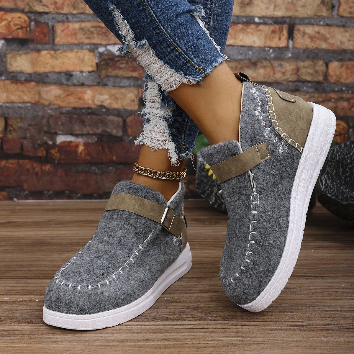 Thick Burr Warm Flat Bottom Cotton Shoes BAZONA