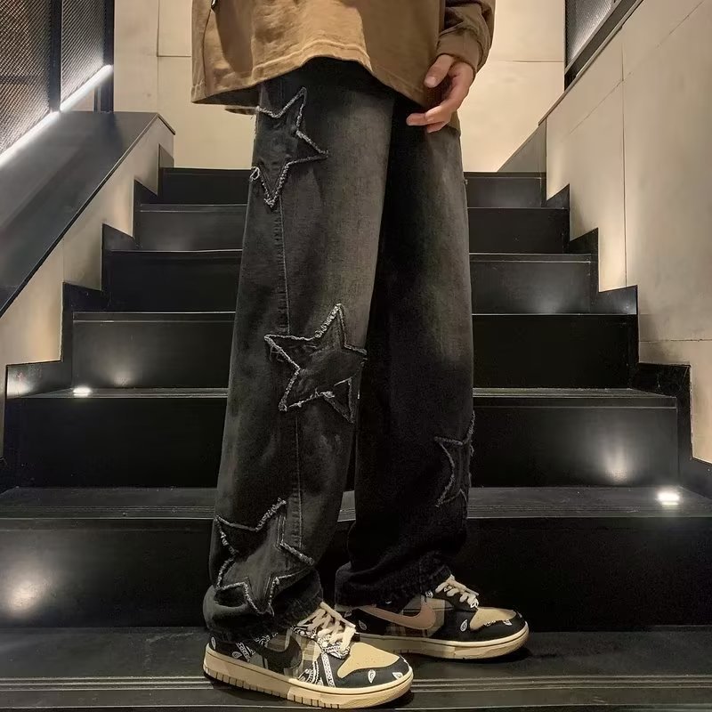 Star Embroidery Straight Casual Men Jeans Gothic Neutral New Wide Leg Loose Hip-hop Fashion Youth Streetwear Denim Trousers Y2K BAZONA