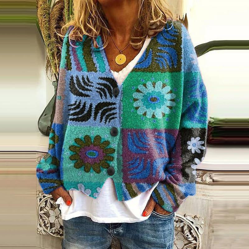 New Christmas Abstract Flowers Printing Sweater Fashion Casual Short Cardigan Coat Womens Clothing BAZONA
