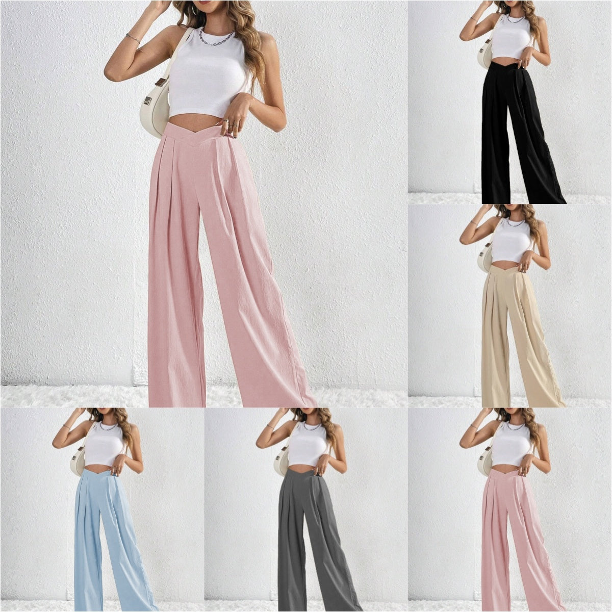Summer New Solid Color Pleated Casual Wide-leg Pants Loose Casual Women's Commuting Versatile Style Comfortable TrousersS BAZONA