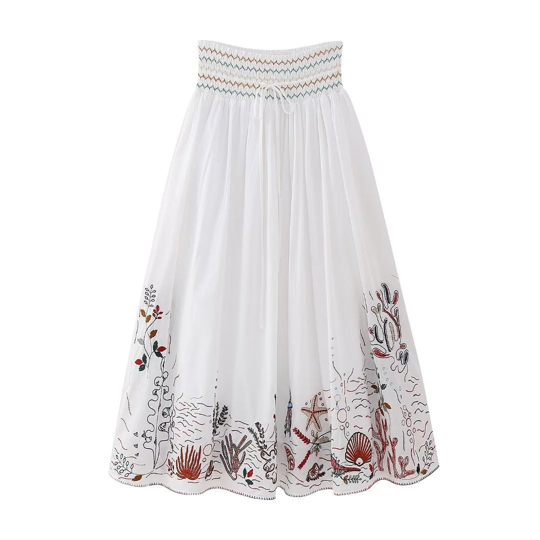V-neck Embroidery Breasted Shirt High Waist Embroidery Skirt Suit BAZONA