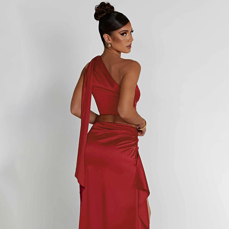 One-shoulder Satin Short Top High Waist Split Maxi Dress E BAZONA