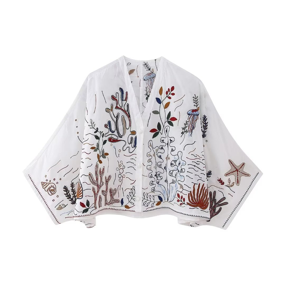 V-neck Embroidery Breasted Shirt High Waist Embroidery Skirt Suit BAZONA
