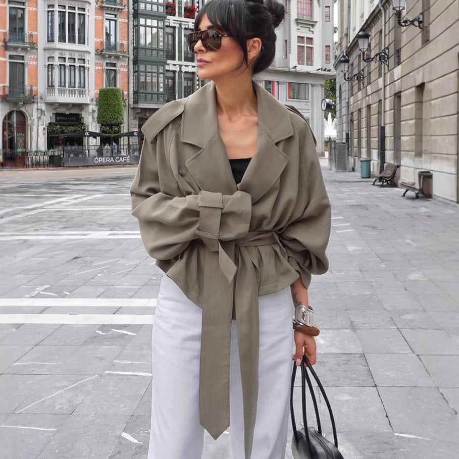 Women's Large Lapel Lace-up Trench Coat Fashionable Jacket BAZONA