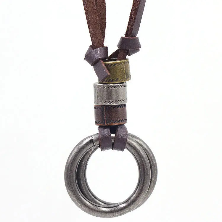 Vintage Leather Couple Necklace Double Ring