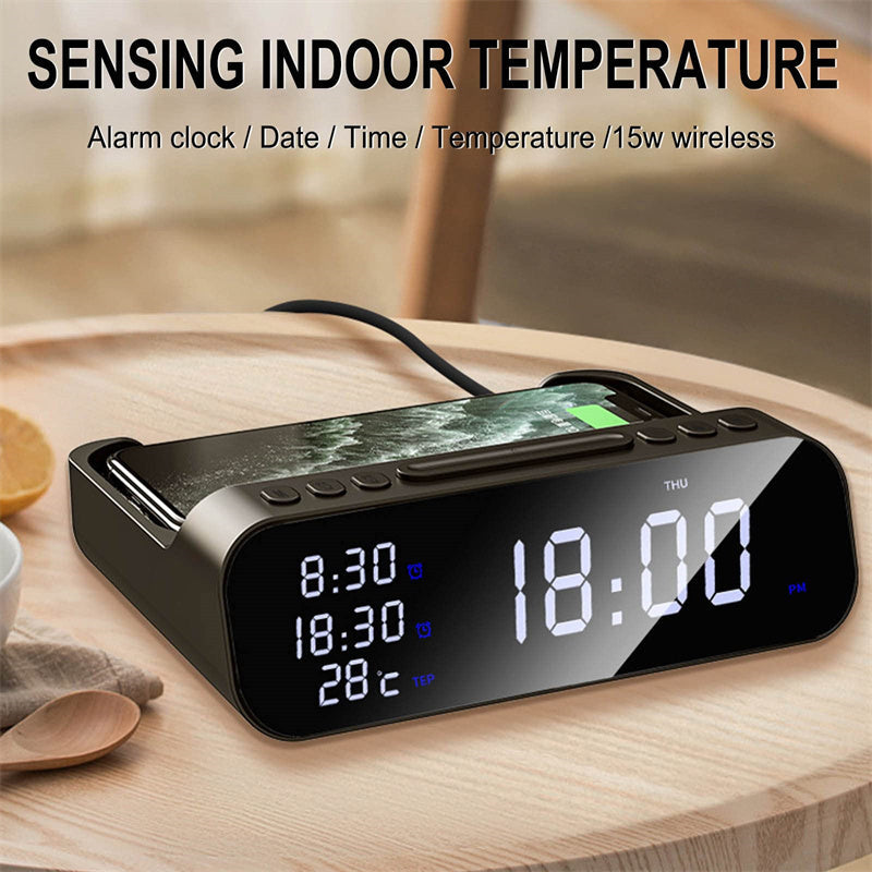 15W Three-in-one Wireless Charger Temperature Tester Multi Alarm Clock Fast Charging Mobile Phone Usb Charger Charging Station BAZONA