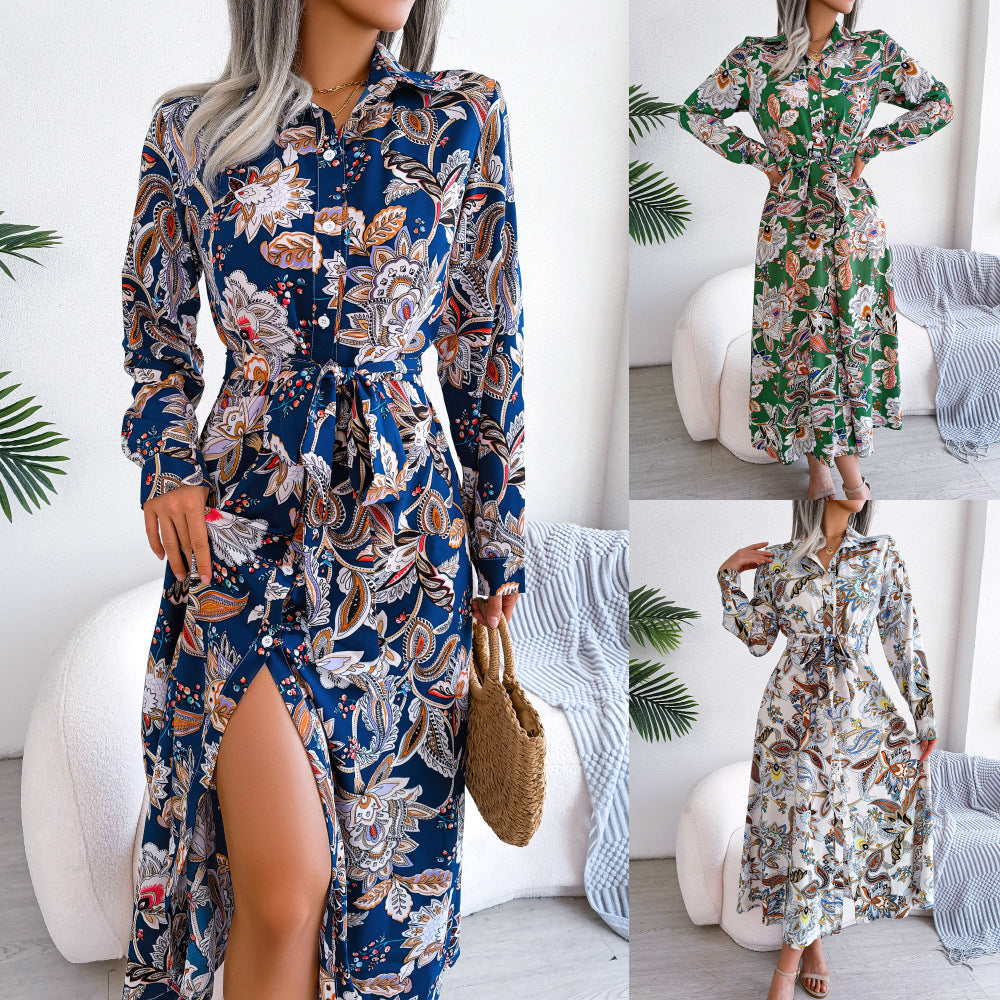 Retro Floral Stand Collar Belted Shirt Dress Long Skirt Women's Fashion Full Sleeve Regular Waistline Ankle-Length BAZONA