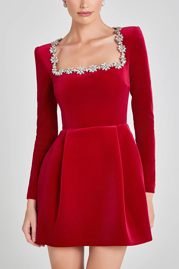 Elegant Square Neck Long-sleeved Dress With Flowers Rhinestone Design Fashion A-line Short Dresses Spring Clothing For Women BAZONA