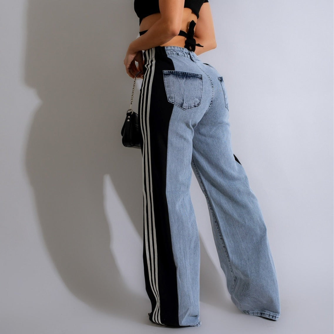 2024 Fashion Casual High Waist Elastic Straight Leg Trousers Three Stripe Patchwork Denim Wide Leg Pants Streetwear BAZONA
