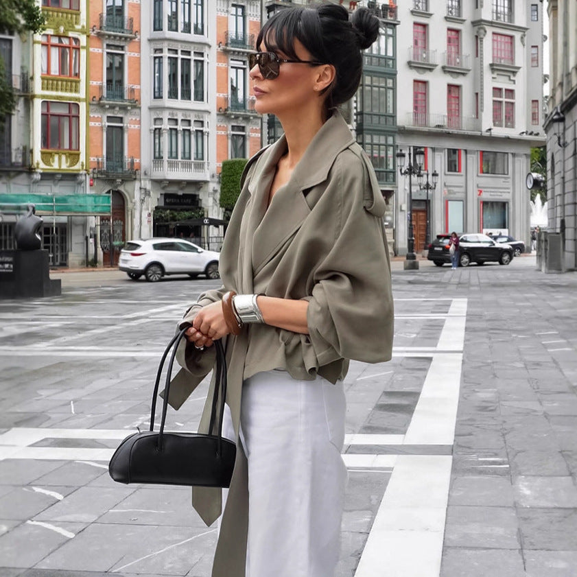 Women's Large Lapel Lace-up Trench Coat Fashionable Jacket BAZONA
