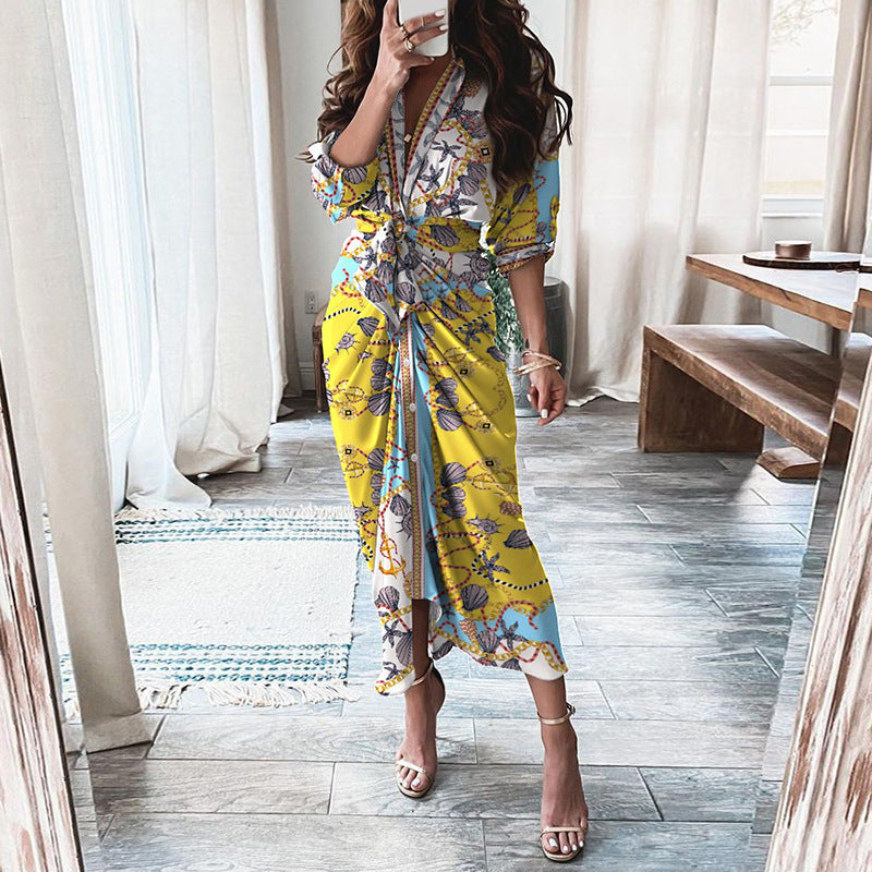 European And American Print Long-Sleeved Lace-Up Single-Breasted Shirt Dress BAZONA
