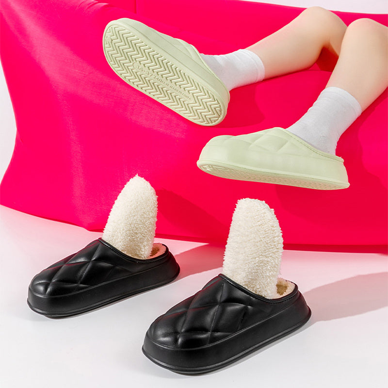 Winter Plush Slippers Women's Indoor Outdoor Fashion Rhombus Design Warm Plush Shoes House Confinement Shoes BAZONA