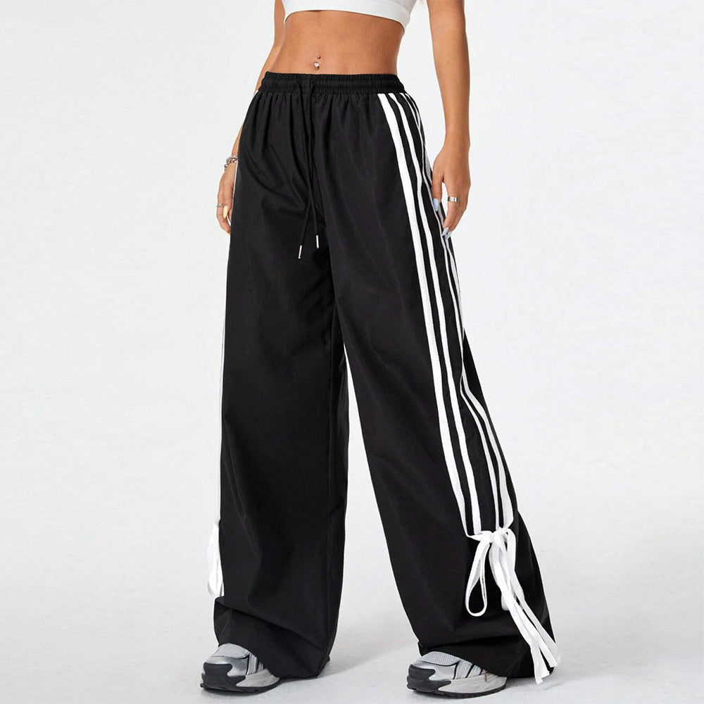 High Waist Wide Leg Pants Women's Spring Summer New Style Three Bars Drawstring Cuffed Straight Casual Extended Sports Trousers BAZONA