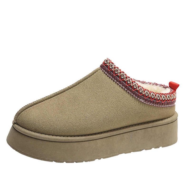 Baotou Plush Half Slippers Home Snow Boots Women's Fleece Warm Thick Bottom Cotton Shoes Ankle Flats - bazona.com