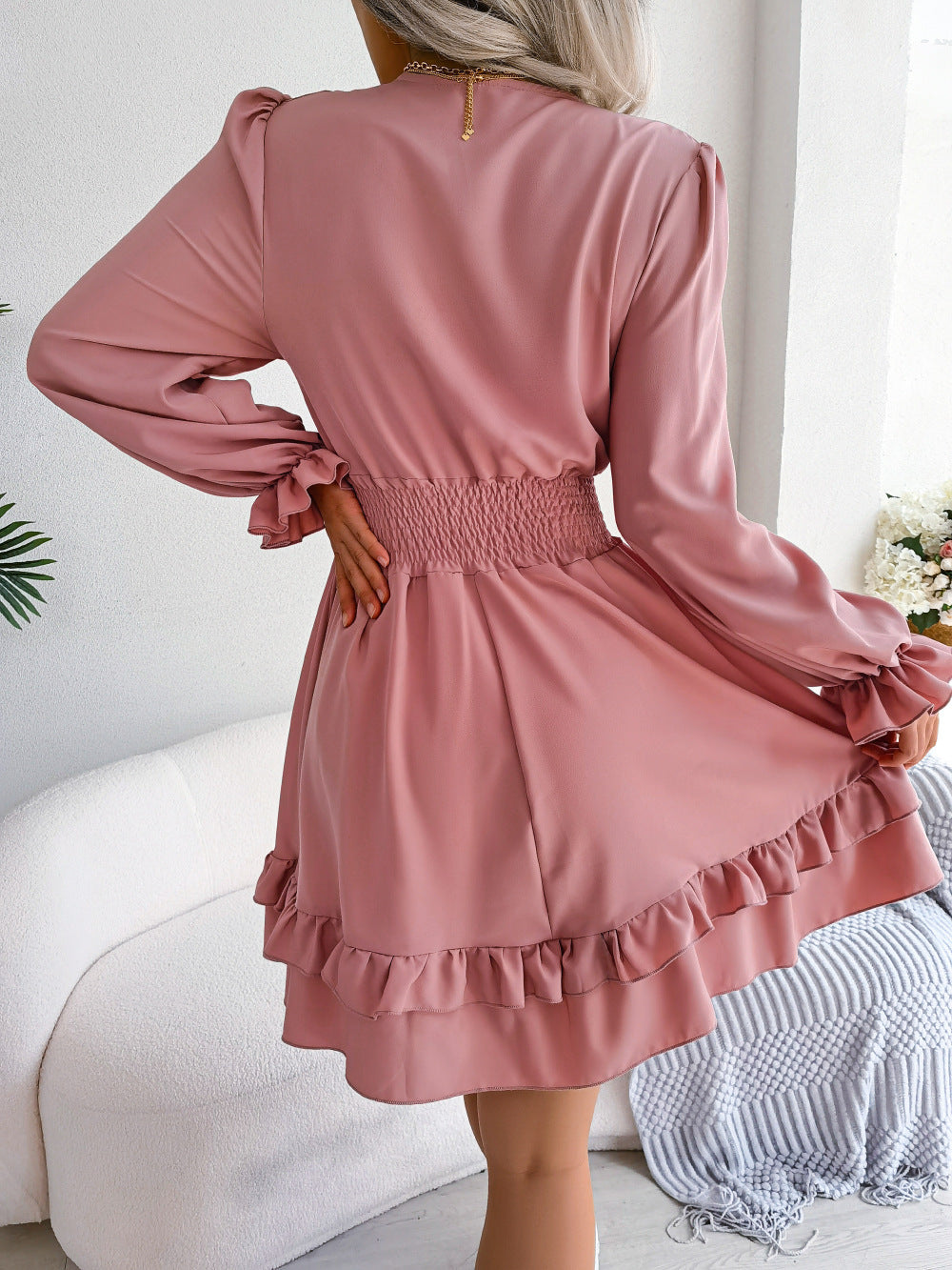 Summer Dresses Solid Color V-neck Long Sleeve Dress For Women Sexy V-neck Lace Up A-line Dress Women's Beach Dress BAZONA