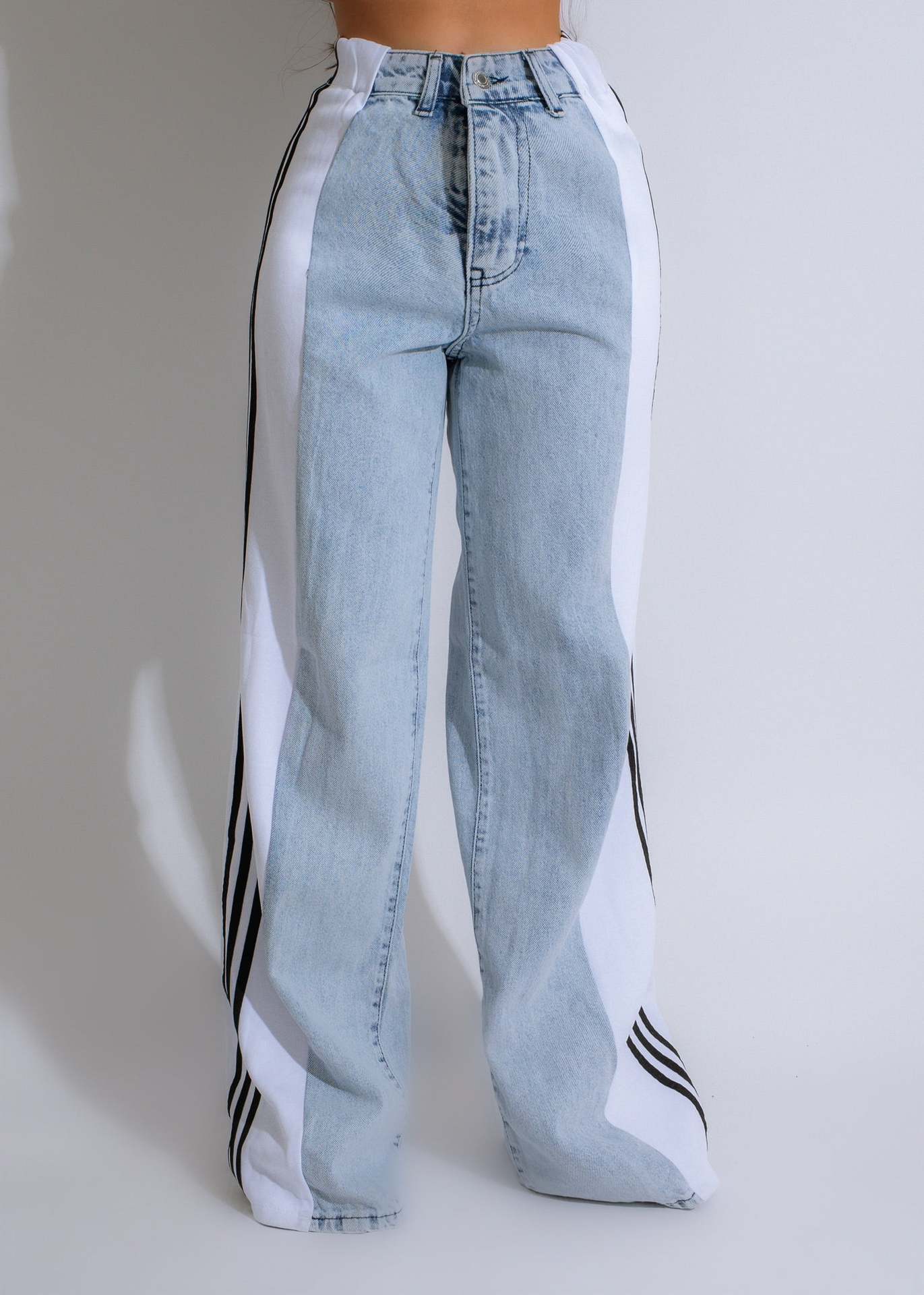 2024 Fashion Casual High Waist Elastic Straight Leg Trousers Three Stripe Patchwork Denim Wide Leg Pants Streetwear BAZONA