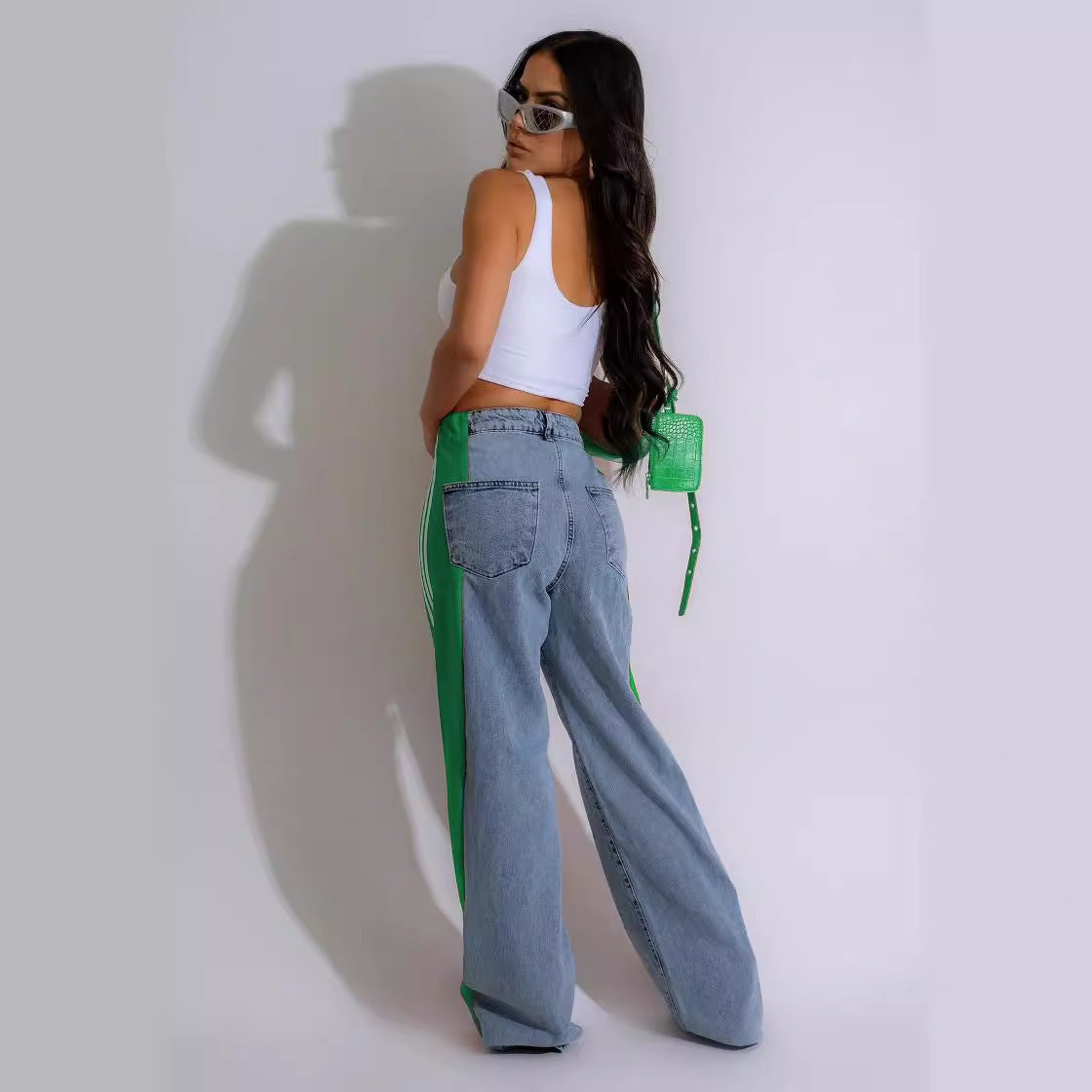 2024 Fashion Casual High Waist Elastic Straight Leg Trousers Three Stripe Patchwork Denim Wide Leg Pants Streetwear BAZONA