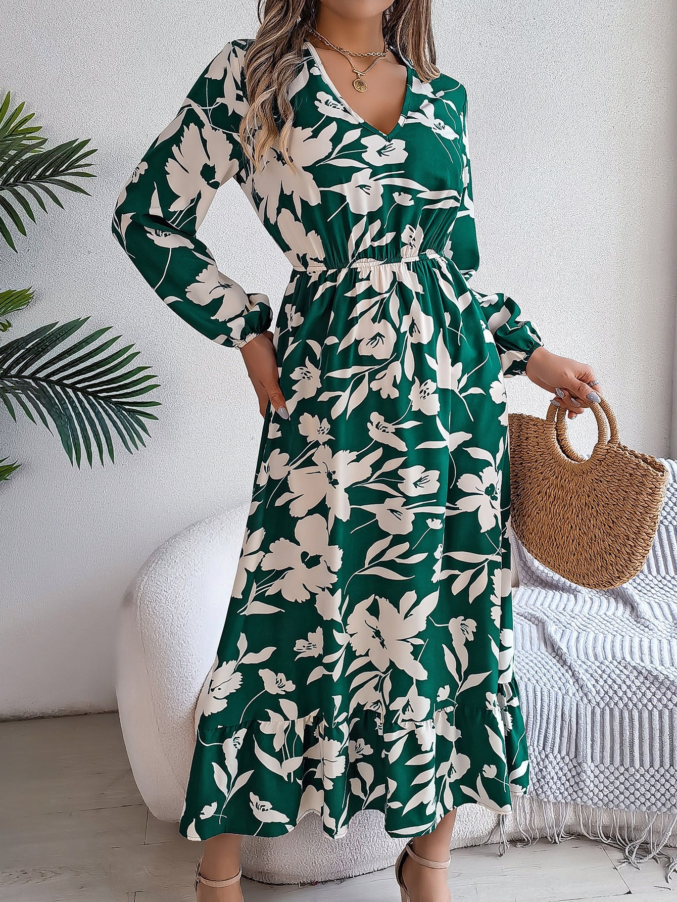 Leisure Flower Waist-controlled Long Sleeves Ruffled Dress BAZONA