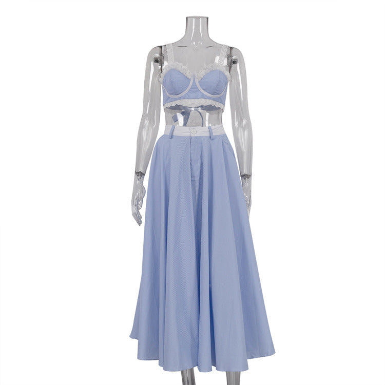 2 Pieces Lace Splicing Sling Vest High Waist Big Swing Skirt Fashion Blue Print Sets Spaghetti Strap Lace Bra And High Waisted Loose Pleated Skirts Sets BAZONA