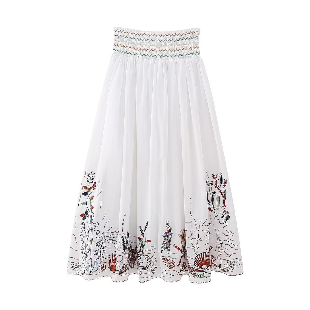 V-neck Embroidery Breasted Shirt High Waist Embroidery Skirt Suit BAZONA