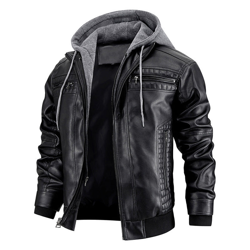 Hooded Jacket With Zipper Pockets Fashion Warm Pu Leather Coat Mens Clothing BAZONA