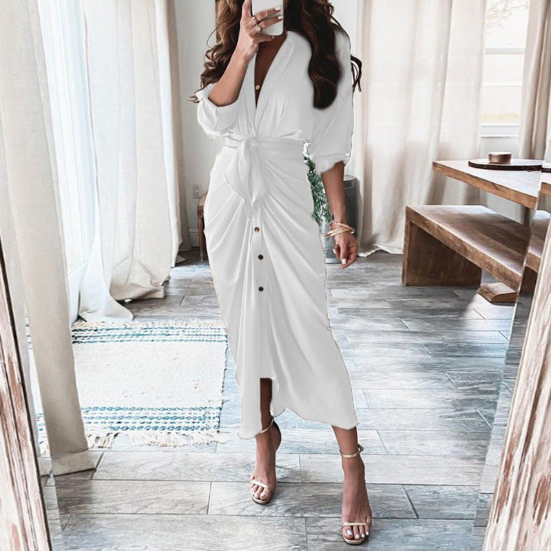 European And American Print Long-Sleeved Lace-Up Single-Breasted Shirt Dress BAZONA