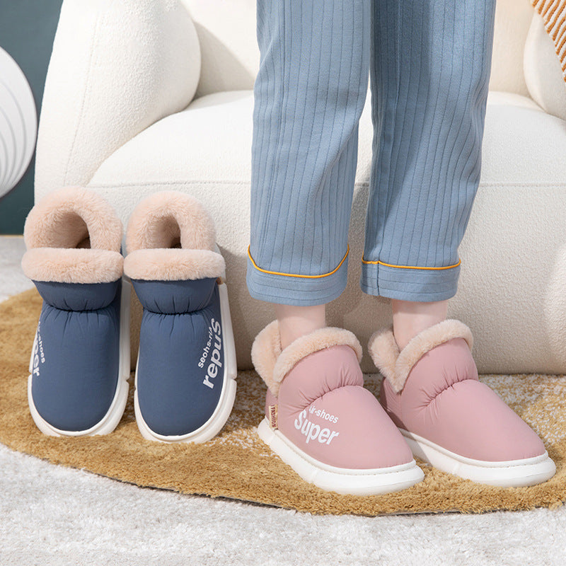 Warm House Shoes Plush Fleece High Back Heel Slippers Home Winter Warm Couple Shoes BAZONA