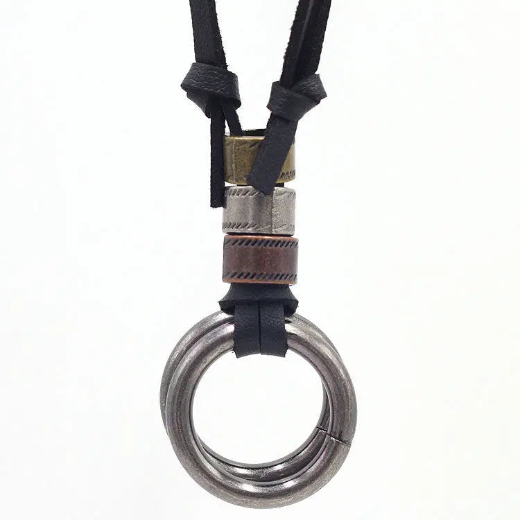 Vintage Leather Couple Necklace Double Ring