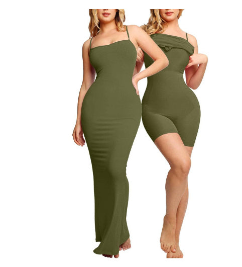 Women's Shapewear Dress Jumpsuit Tummy Tuck Lift Corset Open Crotch Suspender Tight Long Skirt Chest Pad Bodysuit Dress BAZONA