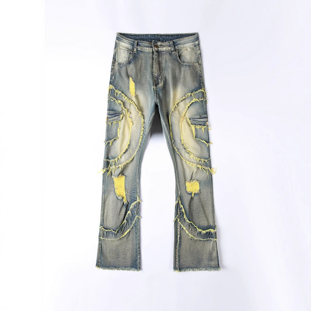 Men's Patchwork Fringe Slightly Flared Stretch Jeans BAZONA