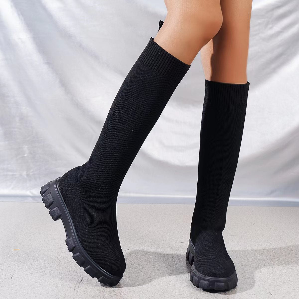 Fashion Knitted Boots Women's Flyweaving Breathable Thick-soled Skinny Boots Winter Fall Shoes BAZONA