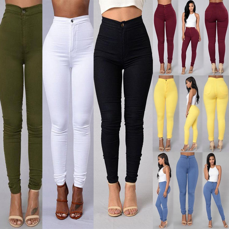 Casual Pants For Women High Waist Stretch Slim Trouser Skinny Candy Color Jeans BAZONA