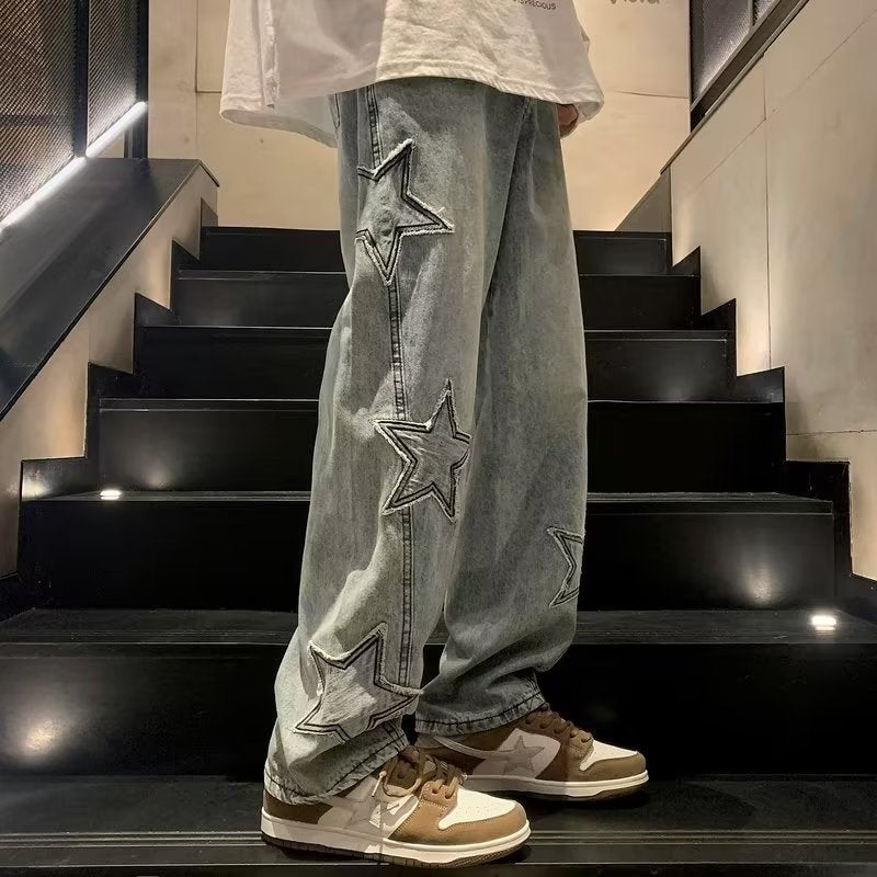 Star Embroidery Straight Casual Men Jeans Gothic Neutral New Wide Leg Loose Hip-hop Fashion Youth Streetwear Denim Trousers Y2K BAZONA