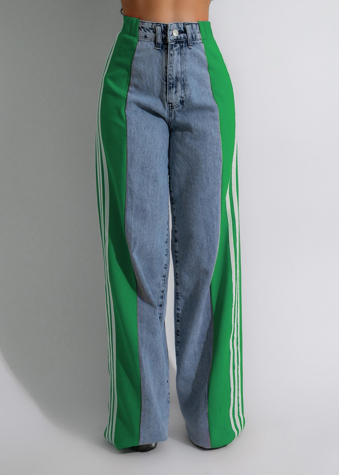 2024 Fashion Casual High Waist Elastic Straight Leg Trousers Three Stripe Patchwork Denim Wide Leg Pants Streetwear BAZONA