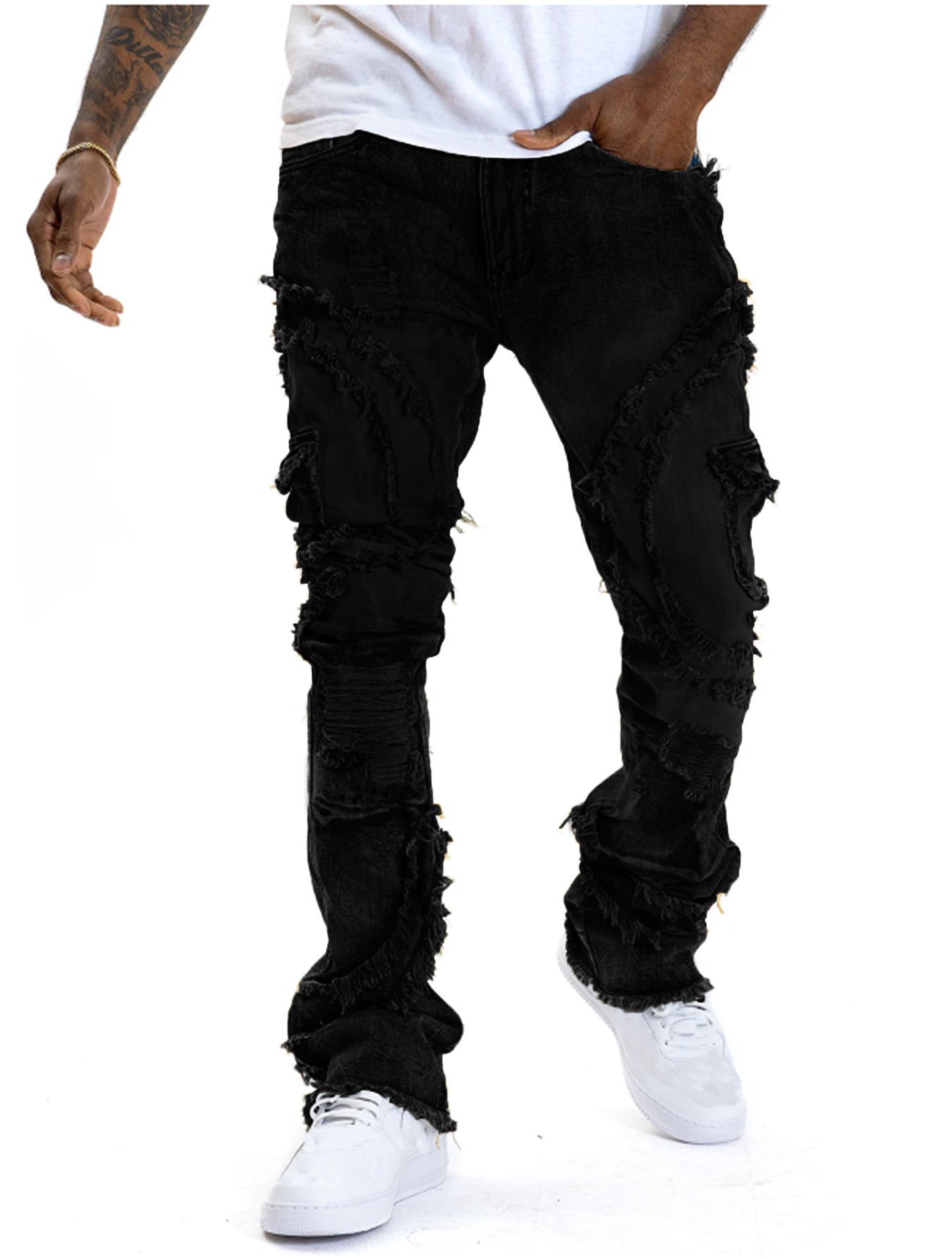 Men's Patchwork Fringe Slightly Flared Stretch Jeans BAZONA