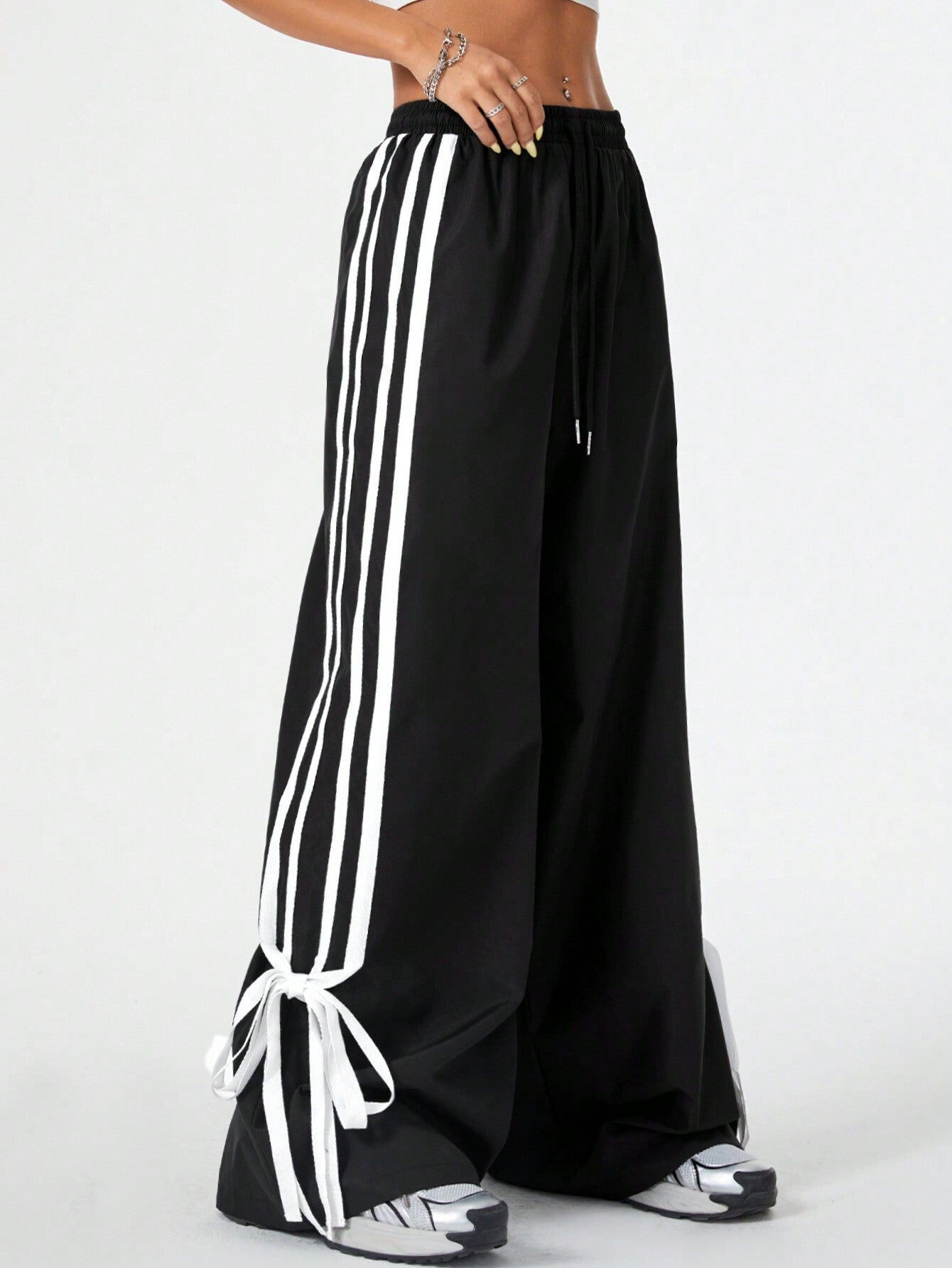 High Waist Wide Leg Pants Women's Spring Summer New Style Three Bars Drawstring Cuffed Straight Casual Extended Sports Trousers BAZONA