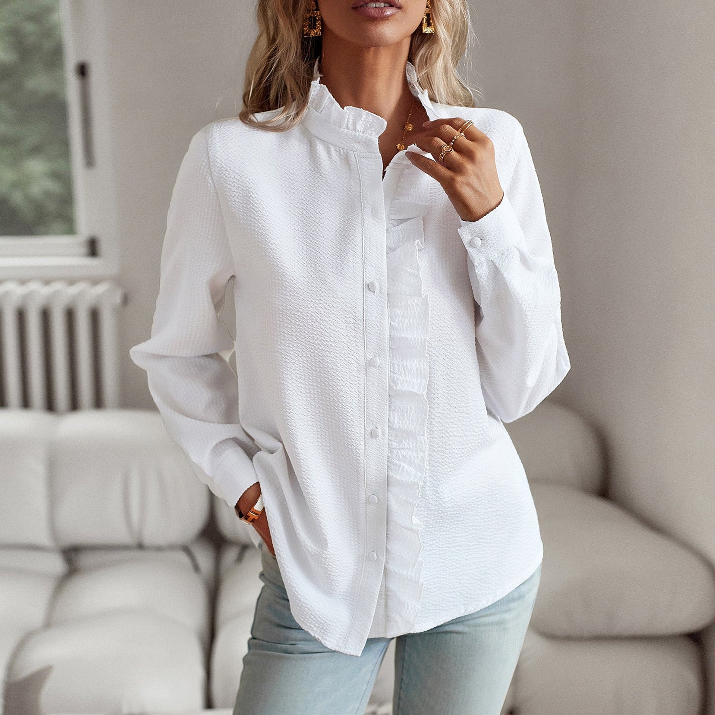 Striped Long Sleeve Shirt Fashion Ruffle Design Button Up Tops Casual Office Blouse Elegant Commuting Women's Clothing BAZONA