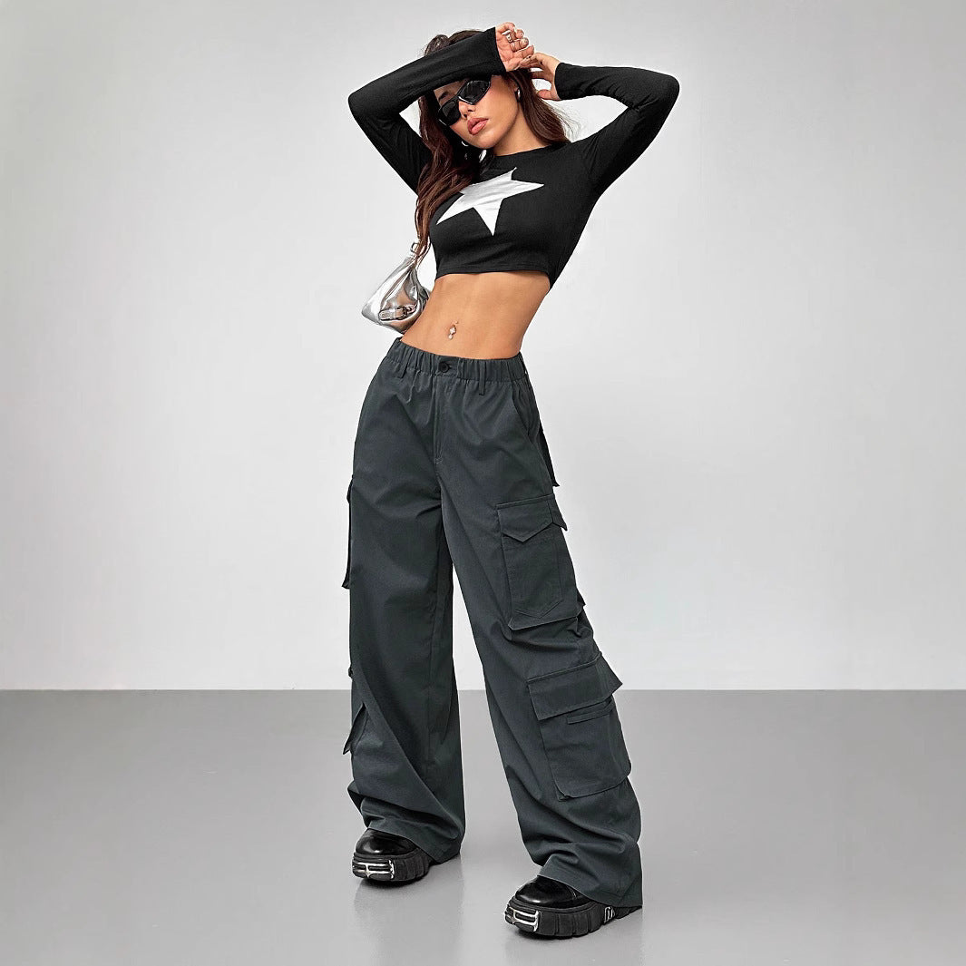 Casual Pants Elastic Waist High Waist Wide-leg Workwear Trousers BAZONA