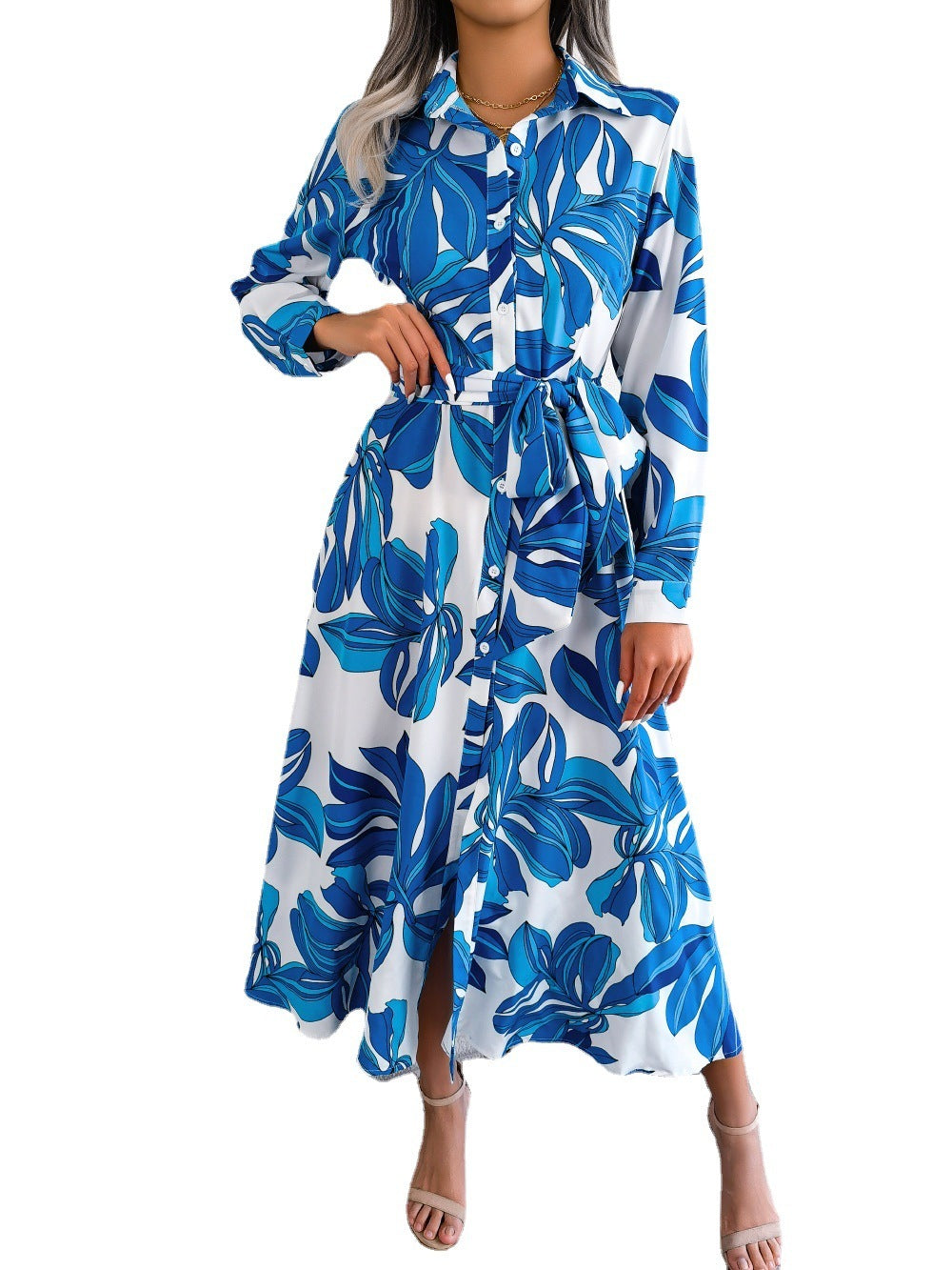 Floral Contrast Lapel Shirt Dress - Tied Waist Long Skirt Style BAZONA